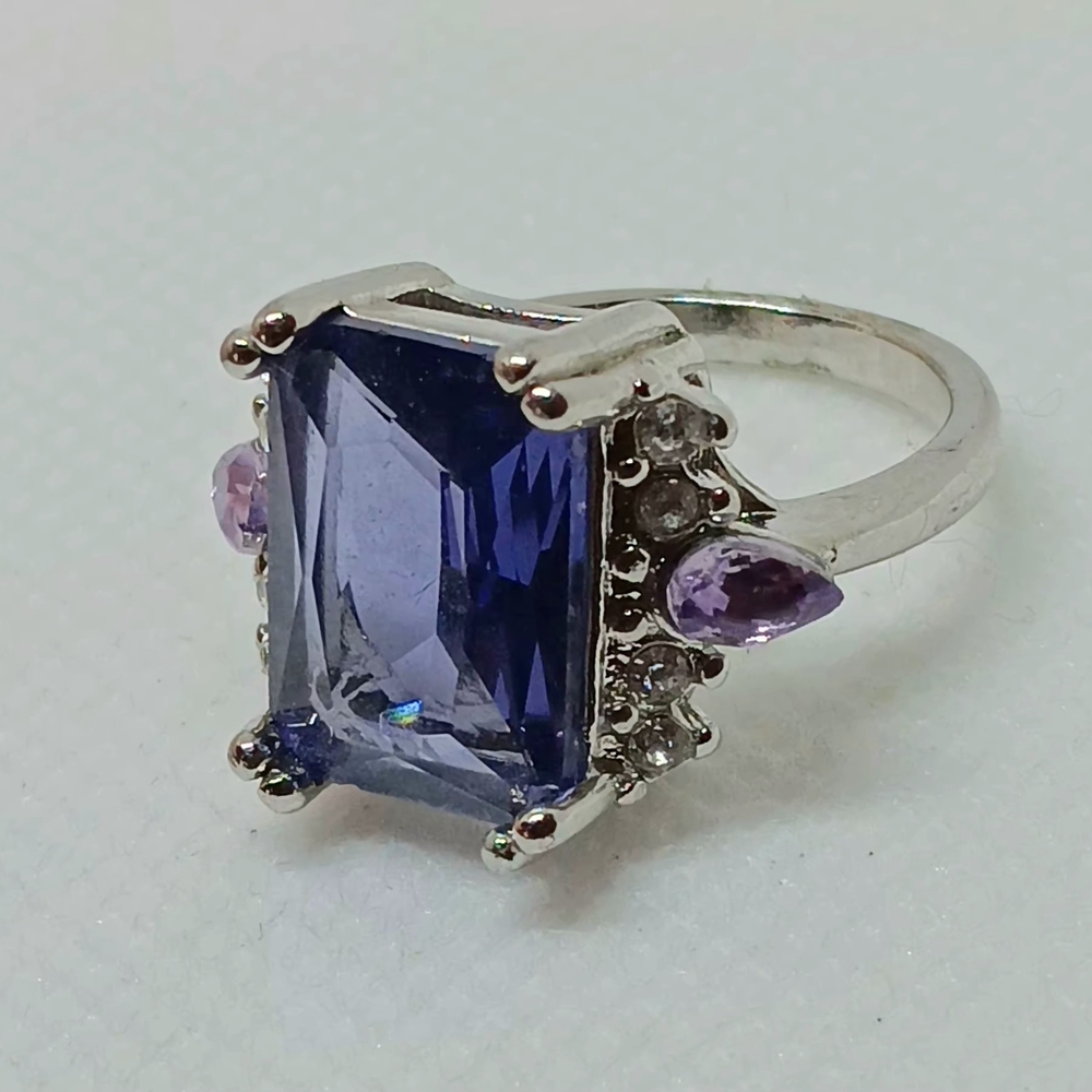 Fashion Jewelry Blue and Purple Gemstone In Silvertone Ring